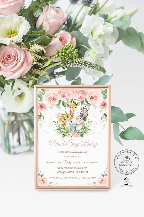 Jungle Animals Don't Say Baby Game Sign, INSTANT DOWNLOAD, Pink Floral Greenery Elephant Baby Shower Game Activity, Diy PDF Printable, JA6 Il_570xn