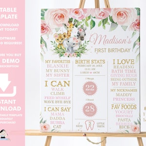 Jungle Animals 1st Birthday Milestone Sign, EDITABLE TEMPLATE, Pink Floral Greenery Safari Birth Stats Poster Decor Pdf INSTANT Download JA6