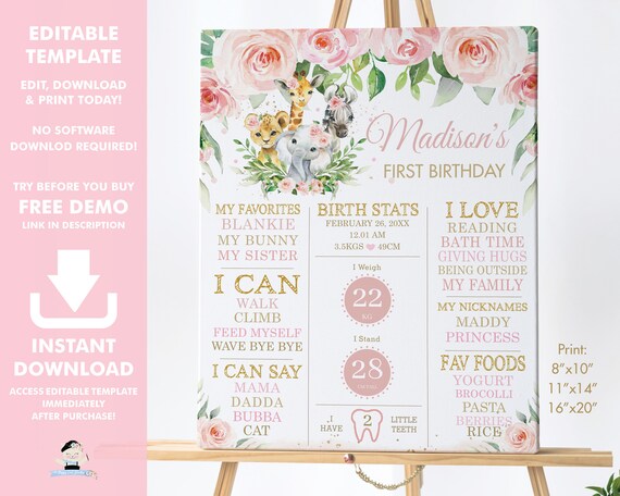 Jungle Animals 1st Birthday Milestone Sign, EDITABLE TEMPLATE, Pink Floral Greenery Safari Birth Stats Poster Decor Pdf INSTANT Download JA6 Il_570xn