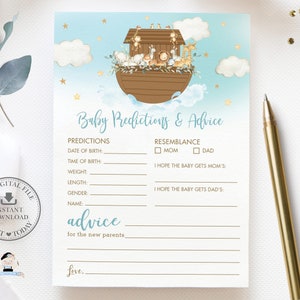 Baby voorspellingen en advieskaart, INSTANT DOWNLOAD, Noah's Ark Noahs Schattige Dieren Blue Boy Baby Shower Game Activiteit, Diy PDF Printable, NA2