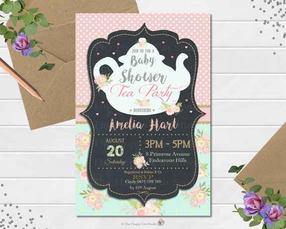 High Tea Baby Shower Invitation, Tea Party Invite, Printable, Digital File, Teapot, Floral, Baby Boy, Baby Girl, Garden, Personalized Il_570xn