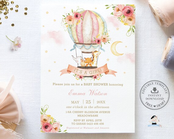 Hot Air Balloon Invitation, EDITABLE TEMPLATE, Cute Woodland Jungle Animals Pink Floral Baby Shower Printable, INSTANT Download, Pdf Diy HB7 Il_570xn