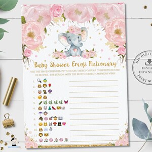 Baby Shower Emoji Pictionary Game, DOWNLOAD ISTANTANEO, Pink Floral Cute Elephant Jungle Animals Quiz Card Activity, Fai da-sei PDF Stampabile, EP5