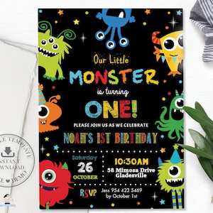 Monster Einladung, EDITIERBARE VORLAGE, bunte süße kleine Monster Junge 1. Geburtstag einladen, Monster druckbare Pdf, INSTANT Download, ME1