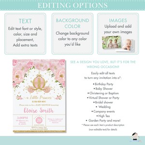 Op de afbeelding: Een roze en gouden babyborrel uitnodiging met een koets en bloemen. De tekst luidt "Een kleine prinses is onderweg!" en "Kom gezellig mee naar de babyborrel ter ere van Eloise Smith".