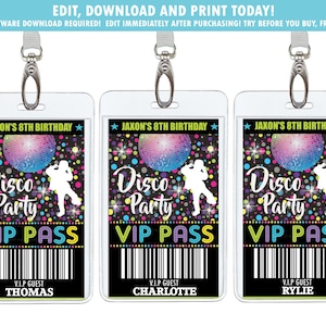 Disco Party VIP Pass, Dance Party Backstage Pass Badge, Boy Disco Dance Birthday Party Printable, Digital Instant EDITABLE TEMPLATE, DP2