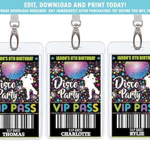 Disco Party VIP Pass, Dance Party Backstage Pass Badge, Boy Disco Dance Birthday Party Printable, Digital Instant EDITABLE TEMPLATE, DP2 image 1