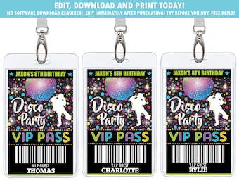 Disco Party VIP Pass, Dance Party Backstage Pass Badge, Boy Disco Dance Birthday Party Printable, Digital Instant EDITABLE TEMPLATE, DP2