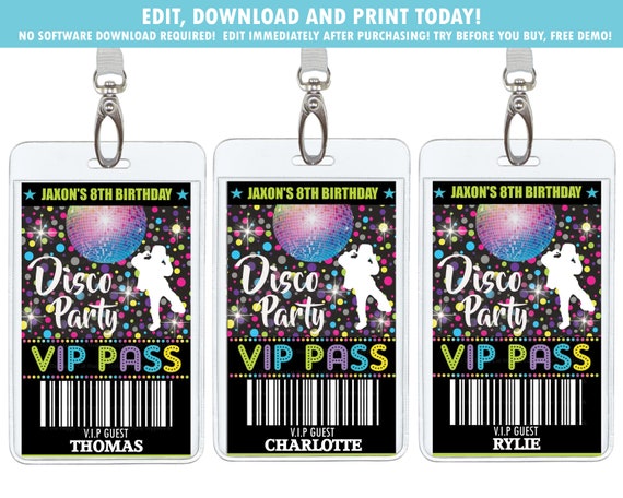 Disco Party Vip Pass Dance Party Backstage Pass Badge Boy Etsy