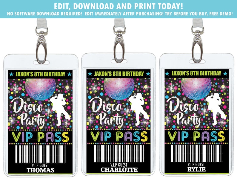 Disco Party VIP Pass, Dance Party Backstage Pass Badge, Boy Disco Dance Birthday Party Printable, Digital Instant EDITABLE TEMPLATE, DP2 image 1