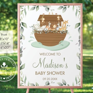 Arche Noah Willkommensschild, EDITIERBARE VORLAGE, Chic Greenery Arche Noah Süße Tiere Baby Shower Geburtstag Poster Dekoration SOFORT Download NA1