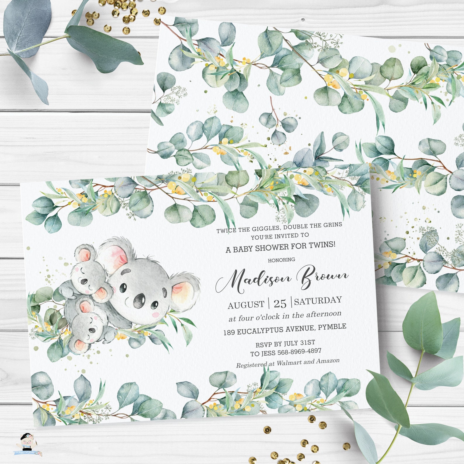 Cute Twins Koala Baby Shower Invitation EDITABLE TEMPLATE Etsy