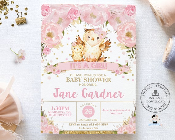Mommy and Baby Owls Chic Pink Floral Baby Shower Invitation Printable EDITABLE TEMPLATE, Girl Baby Sprinkle Flowers Gold Digital Files, OW1 Il_570xn