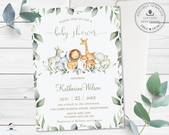 Greenery Jungle Animals Baby Shower Invitation, EDITABLE TEMPLATE, Chic Gender Neutral Boy Girl Forest Safari Invite Printable Pdf, JA5 Il_570xn