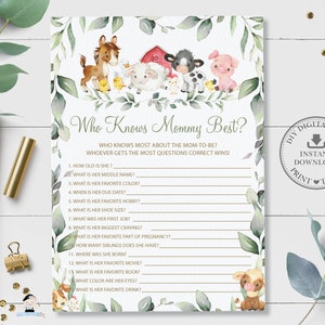 Who Knows Mommy Best Game, INSTANT DOWNLOAD, Gender Neutral Farm Animals Greenery Baby Shower Quiz Card Activity, Diy PDF Printable, BY5