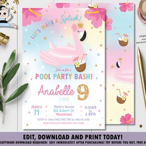 EDITABLE TEMPLATE Flamingo Pool Party Invitation, Flamingo Printable, Tropical, Hibiscus, Pink Flamingo floatie Girl Pool Birthday Bash, FP1 image 1