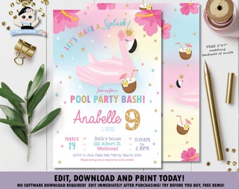 EDITABLE TEMPLATE Flamingo Pool Party Invitation, Flamingo Printable, Tropical, Hibiscus, Pink Flamingo floatie Girl Pool Birthday Bash, FP1