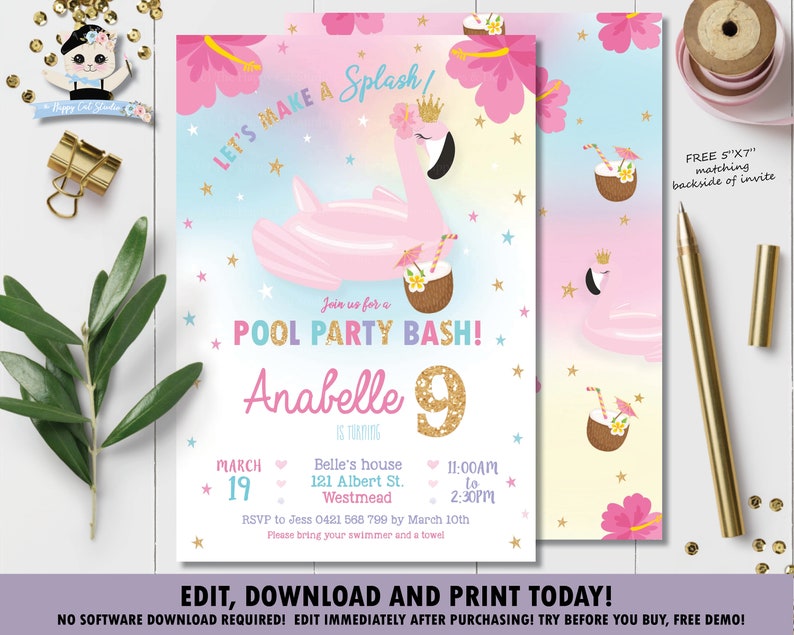 EDITABLE TEMPLATE Flamingo Pool Party Invitation, Flamingo Printable, Tropical, Hibiscus, Pink Flamingo floatie Girl Pool Birthday Bash, FP1 image 1