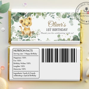 EDITABLE TEMPLATE Cute Lion Cub Greenery Baby Shower Jungle Animals 1st Birthday Chocolate Bar Wrappers Hershey Aldi Favor Printable, LN3 image 3