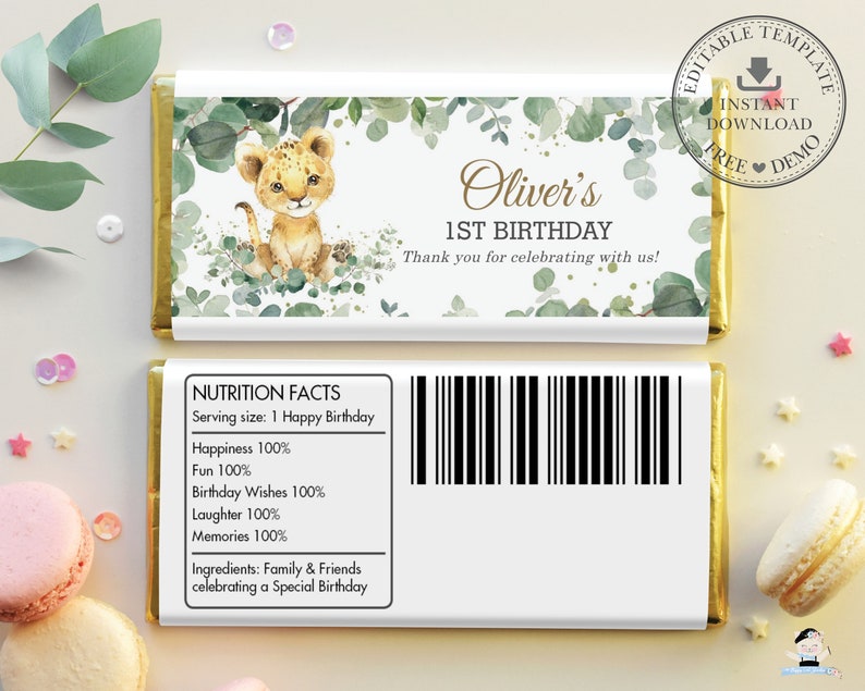 EDITABLE TEMPLATE Cute Lion Cub Greenery Baby Shower Jungle Animals 1st Birthday Chocolate Bar Wrappers Hershey Aldi Favor Printable, LN3 image 3