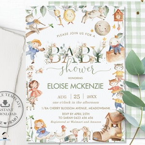 May include: A baby shower invitation with a whimsical woodland theme. The invitation features a watercolor illustration of a baby shoe, a moon, a clock, and various animals. The text on the invitation reads "Please join us for a baby shower honoring Eloise McKenzie, Aug 25, 20XX, one o'clock in the afternoon, 1/8A Cherry Blossom Avenue, Meadowbank, RSVP by April 25th to Sarah 0423 456 456, Registered at Walmart and Amazon."
