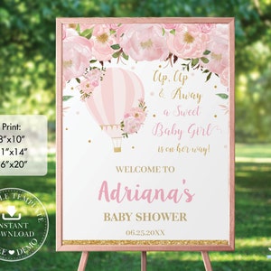 Blush Pink Floral Heißluftballon Willkommensschild, EDITIERBARE VORLAGE, Baby-Mädchen-Zwillings-Mädchen-Dusche-Diy-Poster-Dekoration SOFORT-Download, HB2