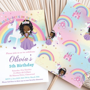 Op de afbeelding: Een printbare uitnodiging voor een 5e verjaardagsfeest met een eenhoorn- en regenboogthema. De uitnodiging toont een zwart meisje met lange vlechten, gekleed als een prinses, die op een eenhoorn rijdt. De tekst op de uitnodiging luidt "A magical day is on the way!" en "Olivia's 5th Birthday".