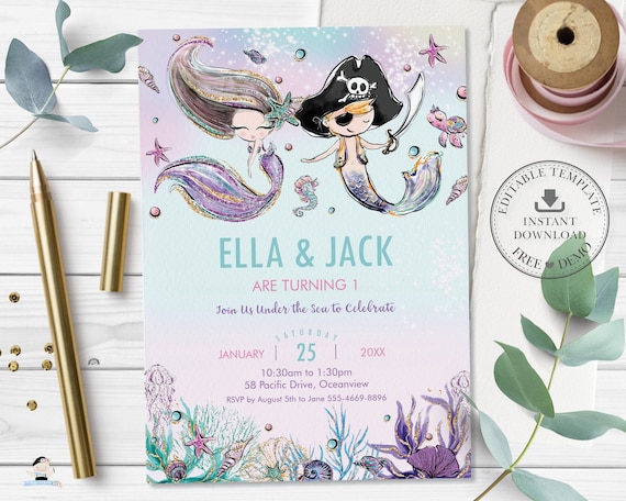 Mermaid and Pirate Invitation, INSTANT Download, Siblings Twins Joint Birthday Printable, Under the Sea Invite Diy Pdf EDITABLE TEMPLATE MT2 Il_570xn