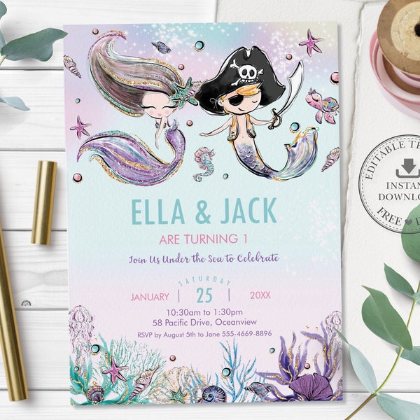 Mermaid and Pirate Invitation, INSTANT Download, Siblings Twins Joint Birthday Printable, Under the Sea Invite Diy Pdf EDITABLE TEMPLATE MT2