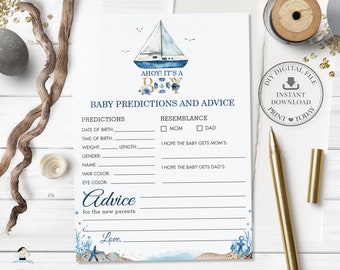 Baby Predictions and Advice Card, INSTANT DOWNLOAD, Nautical Blue Boat Sea Ahoy It's a Boy Baby Shower Game Activity, Diy PDF Printable, NT2