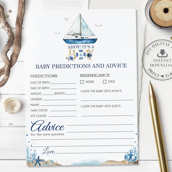 Baby Predictions and Advice Card, INSTANT DOWNLOAD, Nautical Blue Boat Sea Ahoy It's a Boy Baby Shower Game Activity, Diy PDF Printable, NT2