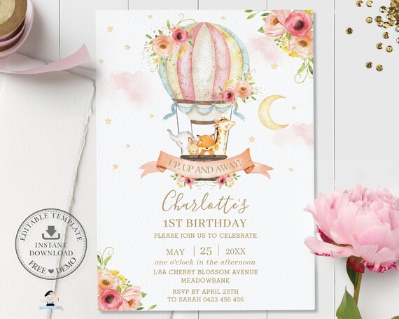 Hot Air Balloon Invitation, EDITABLE TEMPLATE, Cute Woodland Jungle Animals Pink Floral 1st Birthday Printable, INSTANT Download Pdf Diy HB7 Il_570xn