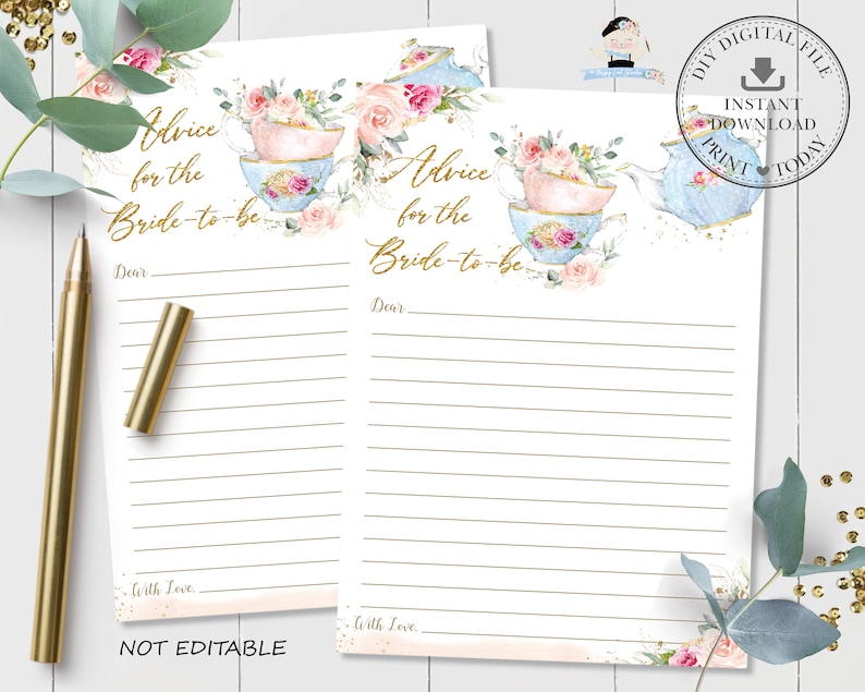 May include: Two printable cards with a watercolor design of teacups and flowers. The cards have the text "Advice for the Bride-to-be" and lines for writing.
