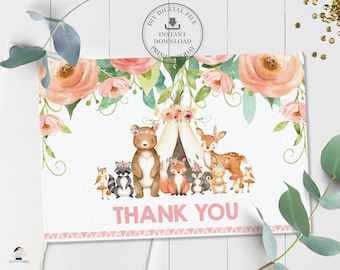 Floral Woodland Animals Folded Tent Thank You Card, INSTANT DOWNLOAD, Tribal Boho Pink Flower Printable, Baby Shower Girl 1st Birthday, WG5