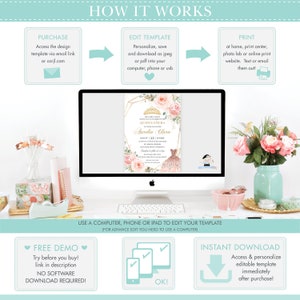 K&ouml;nnte beinhalten: Eine digitale Vorlage f&uuml;r eine Quincea&ntilde;era-Einladung. Die Vorlage hat ein rosafarbenes und goldenes Design mit floralen Akzenten und einer Krone. Der Text auf der Vorlage lautet "Quincea&ntilde;era" und "Aurelia Clara".