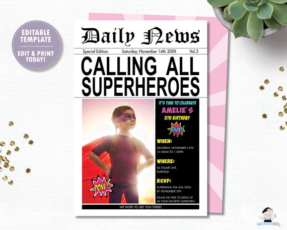Superhero Invitation, EDITABLE TEMPLATE, Instant Download, Superheroes Printable, Girl Super Hero Birthday Party, Pink, Photo Digital, HP2 Il_570xn
