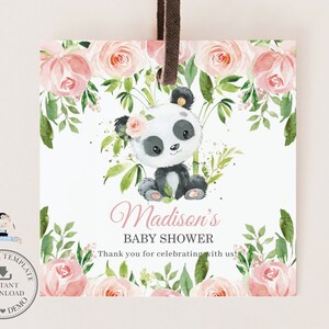 EDITABLE TEMPLATE Cute Panda Bear 2" Square Tags, Pink Floral Greenery Thank You Sticker Favors Cupcake Printable, Baby Shower, Birthday PA2