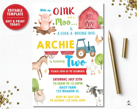 Farm Animals Invitation, Barnyard Invitation Instant Download, Farm Birthday Party Printable Invite Diy PDF, Instant EDITABLE TEMPLATE, BY1 Il_570xn