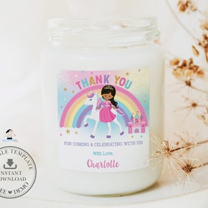 EDITIERBARE Einhorn und Princess Square Danke Tags Etiketten Aufkleber Geburtstag Gastgeschenke Hellbraun Tan Mädchen Regenbogen Printable Digital PU1