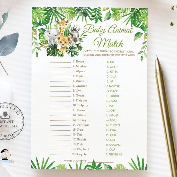 Baby Animal Match Game, INSTANT DOWNLOAD, Greenery Jungle Animals Baby Shower Baby Animal Names Quiz Card Activity Diy PDF Printable, JA7