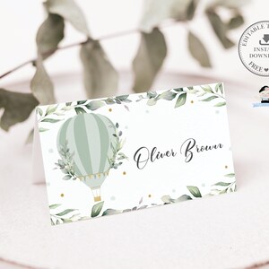 PLANTILLA EDITABLE, Tarjeta de lugar de globo aerostático verde, Baby Shower de género neutro Revelar tienda de cumpleaños Invitado doblado imprimible, INSTANT HB11