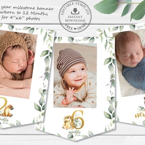 May include: A printable banner for a baby's first year milestone photos. The banner has a green leafy background with gold numbers and animal illustrations. The banner is designed to hold 4x6 inch photos.