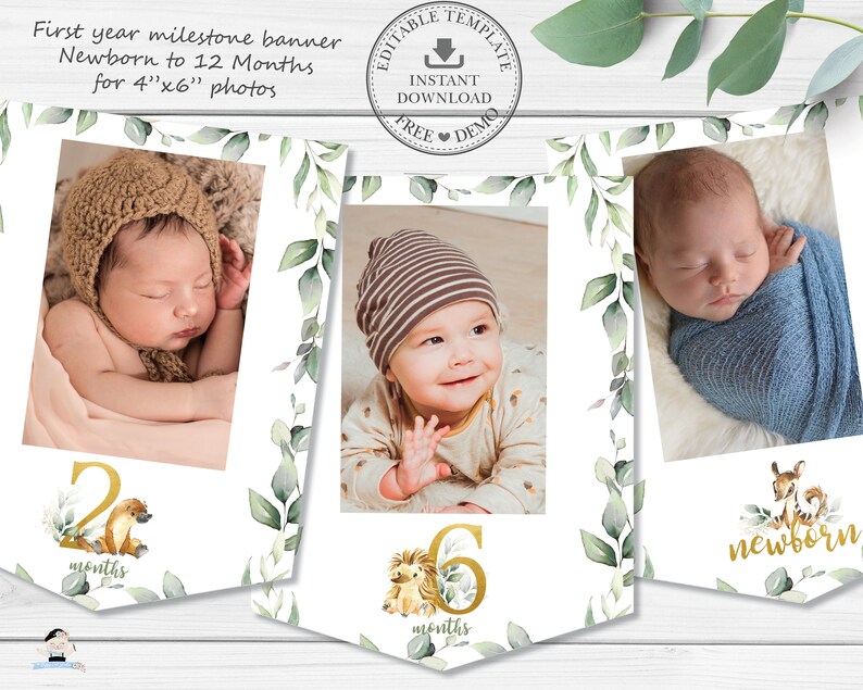 May include: A printable banner for a baby's first year milestone photos. The banner has a green leafy background with gold numbers and animal illustrations. The banner is designed to hold 4x6 inch photos.