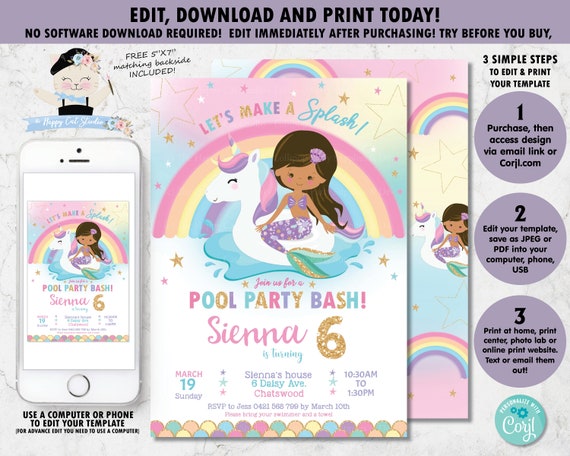 Mermaid And Unicorn Pool Party Invitation Mermaid Pool Etsy