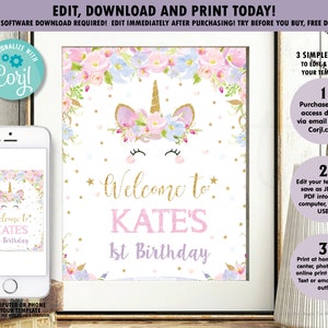 Unicorn Welcome Sign, Unicorn Birthday Poster, Unicorn Printable, Unicorn Party, Birthday Decor, Girl, INSTANT EDITABLE TEMPLATE Corjl, UB2