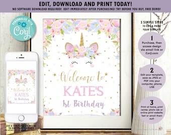 Unicorn Welcome Sign, Unicorn Birthday Poster, Unicorn Printable, Unicorn Party, Birthday Decor, Girl, INSTANT EDITABLE TEMPLATE Corjl, UB2