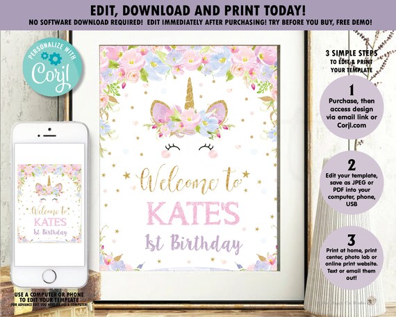 unicorn welcome sign unicorn birthday poster unicorn printable unicorn party birthday decor girl instant editable template corjl ub2 by the happy cat studio catch my party