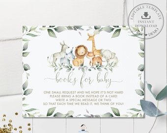 Zwierzęta z dżungli w zieleni przynoszą książkę zamiast karty, wszystkie teksty do edycji, szablon karty załącznika, baby shower, natychmiastowe pobranie, JA5