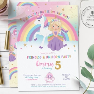 Princess and Unicorn Birthday Party Invitation, EDITABLE TEMPLATE, Cute Blonde Hair Princess Rainbow Unicorn Printable, INSTANT Download PU1