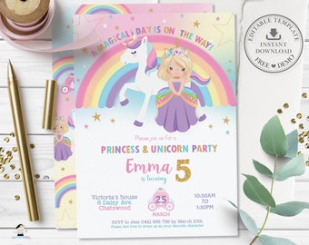 Princess and Unicorn Birthday Party Invitation, EDITABLE TEMPLATE, Cute Blonde Hair Princess Rainbow Unicorn Printable, INSTANT Download PU1